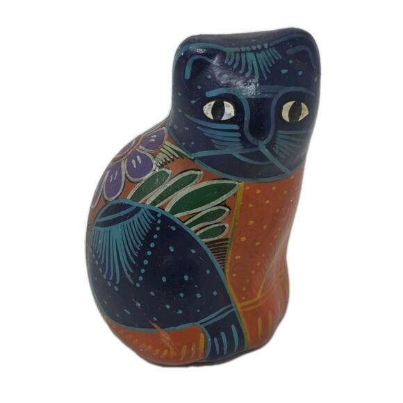 Cat Figurine Mexican Talavera Pottery Folk Art Hand Painted Blue Colorful - Picture 1 of 7